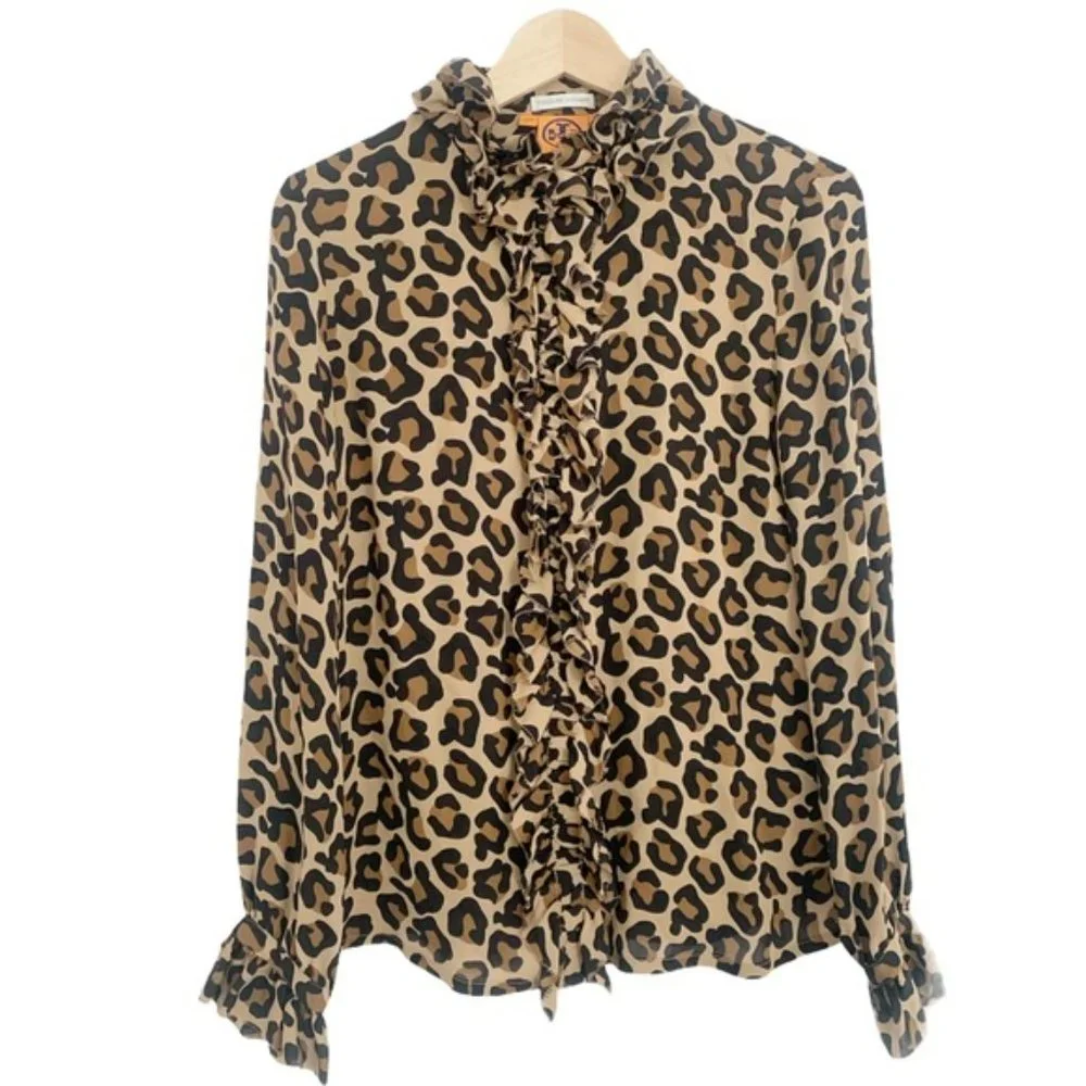 Tory Burch Leopard 100% Silk Ruffle Long Sleeve Blouse NWOT sz 6